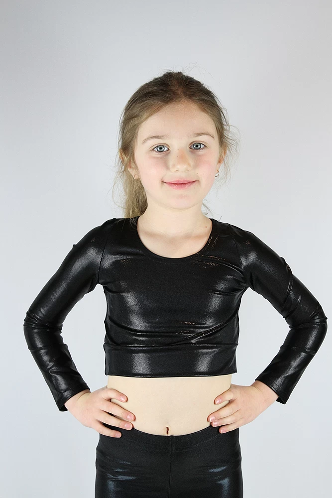 Black Sparkle Long Sleeve Crop Top Youth Girls 4 Black Sparkle Long Sleeve Crop Top Youth Girls - Image 2