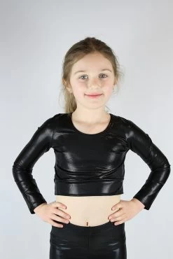 Black Sparkle Long Sleeve Crop Top Youth Girls