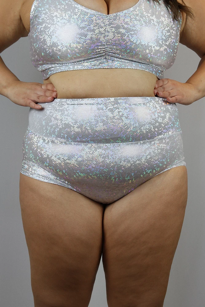 White Sparkle High Waisted BRAZIL Scrunch Bum Shorts – Plus Size | Pole Wear 4 White Sparkle High Waisted BRAZIL Scrunch Bum Shorts – Plus Size | Pole Wear - Image 2
