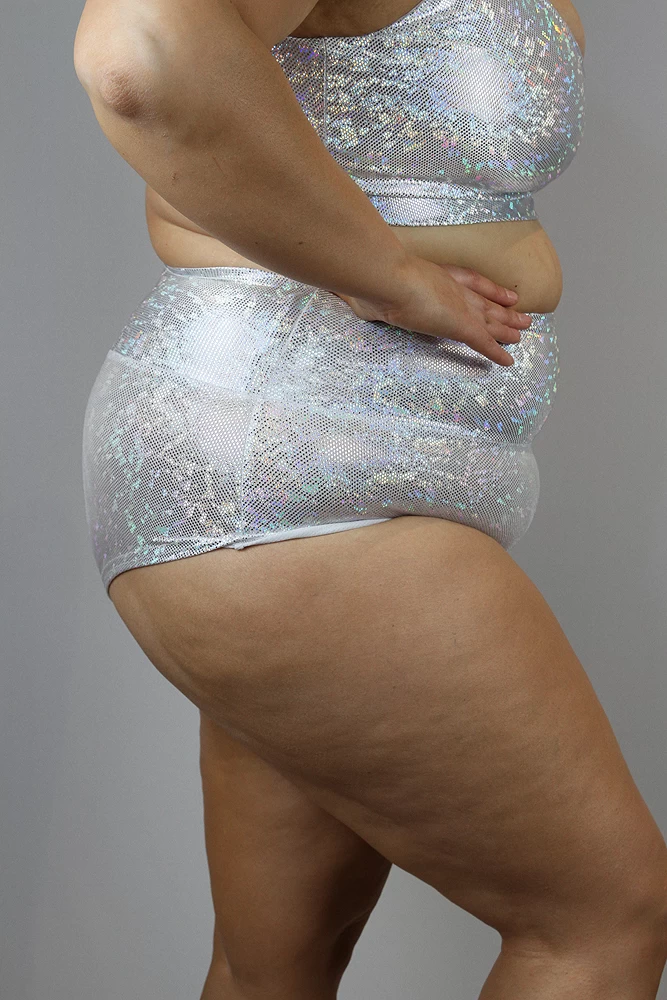 White Sparkle High Waisted BRAZIL Scrunch Bum Shorts – Plus Size | Pole Wear 5 White Sparkle High Waisted BRAZIL Scrunch Bum Shorts – Plus Size | Pole Wear - Image 3