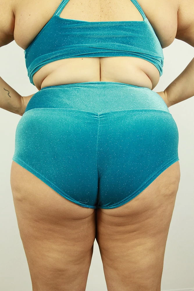 Velveteratti Turquoise High Waisted BRAZIL Scrunchie Bum Shorts – Plus Size | Pole Wear 6 Velveteratti Turquoise High Waisted BRAZIL Scrunchie Bum Shorts – Plus Size | Pole Wear - Image 4