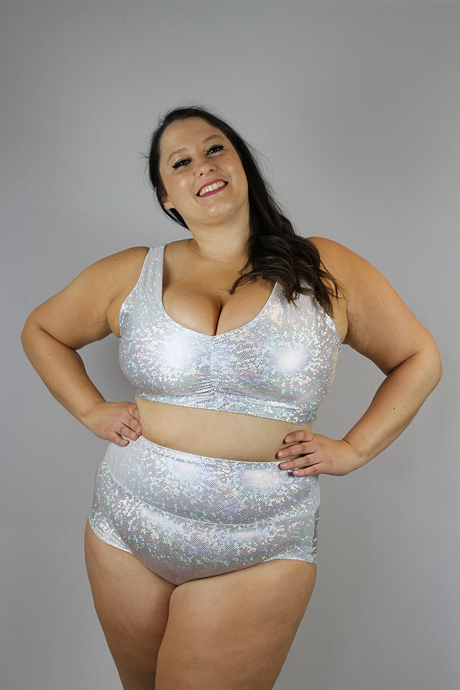 White Sparkle High Waisted BRAZIL Scrunch Bum Shorts – Plus Size | Pole Wear 7 White Sparkle High Waisted BRAZIL Scrunch Bum Shorts – Plus Size | Pole Wear - Image 5