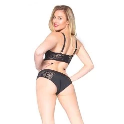 Longline Foil Lace Bra And Briefs In Black