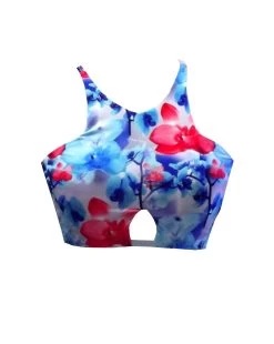 BK21P356 Orchid Print Keyhole High Neck Tank Bikini Crop Top