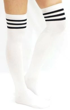 White Thigh High Socks With Black Stripe -Pole Dancing Clothing Store LUNA POLE WEAR IMGWC2120hgj
