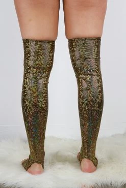 Gold Shattered Extra Long Stirr-up Spandex Legwarmers / Knee High Socks -Pole Dancing Clothing Store gold shattered legwarmers bak