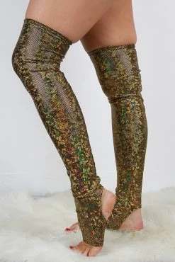 Gold Shattered Extra Long Stirr-up Spandex Legwarmers / Knee High Socks
